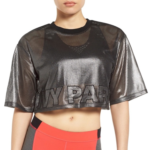 IVY PARK Tops - Ivy Park Metallic Mesh Crop Top Logo Gunmetal